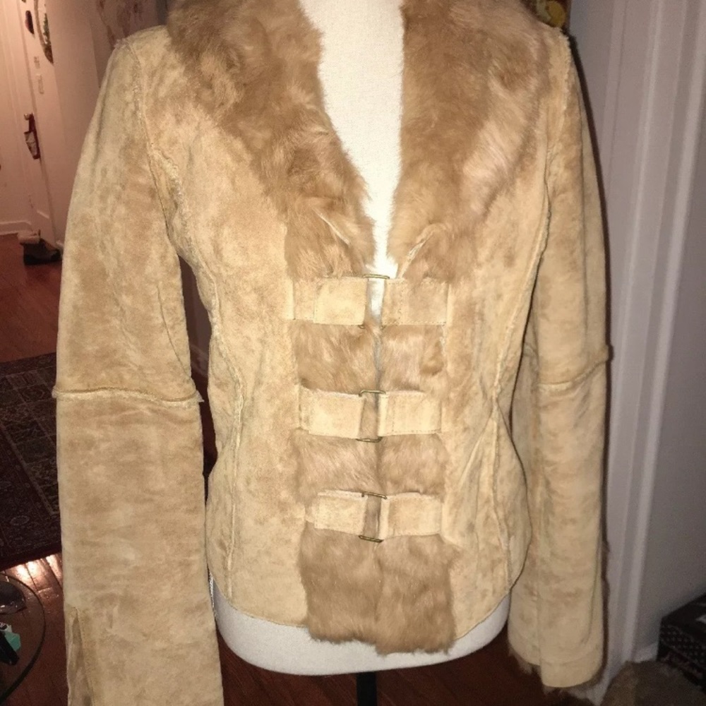 Bebe suede leather rabbit fur jacket